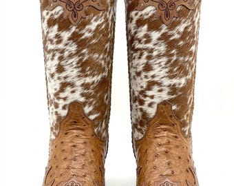 Women's Cowhide Floral Tooled Leather Western Boots, Hair-on Hide Cowgirl Style