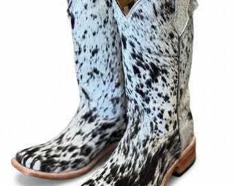 Black White Cowhide Cowboy Boots, Genuine Hair On Hide Leather, Square Toe Cowgirl Ranch