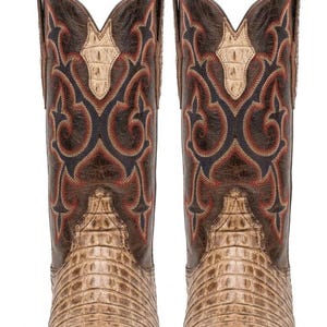 Könnte beinhalten: Ein Paar Cowboystiefel mit einem Fuß aus beigem, strukturiertem Leder in Krokodiloptik und einem Schaft aus dunkelbraunem Leder. Der Schaft ist mit aufwendigen schwarzen und roten Stickmustern sowie einer beigen Ledereinlage verziert.