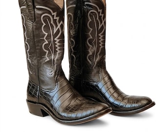 Men's Black Crocodile Print Leather Cowboy Boots | White Embroidered Western Rodeo Footwear