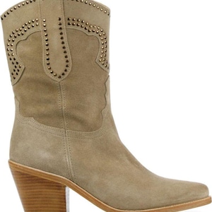 Beige Suede Studded Cowboy Boots | Mid Calf Chunky Heel Western Booties