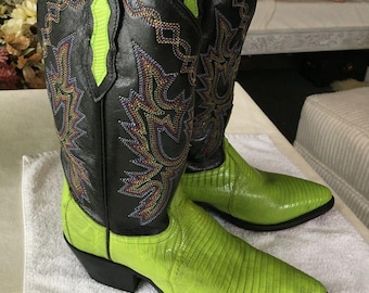 Limonkowo-zielone skórzane kowbojki z nadrukiem jaszczurki, damskie buty w stylu western, sięgające do kolan