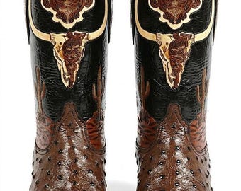 Men's Full Quill Ostrich Western Boots, Handcrafted Tooled Leather, Longhorn Cactus Inlay