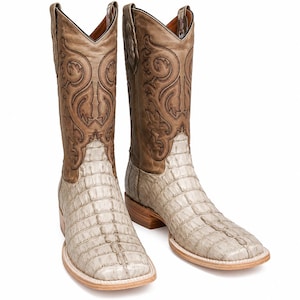 Può includere: Un paio di stivali alti con piede in pelle beige chiaro testurizzata con motivo a scaglie e gambale in pelle marrone medio liscia. Il gambale è decorato con intricati motivi a volute cuciti in marrone scuro e presenta una punta quadrata.