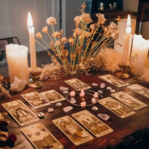 Puede incluir: Una mesa de madera exhibe cartas del tarot, cristales y velas encendidas. Las cartas presentan ilustraciones detalladas en tonos marr&oacute;n y beige. Flores secas y velas adicionales crean un ambiente m&iacute;stico. Cristales de cuarzo rosa est&aacute;n dispersos.
