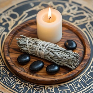 May include: A round wooden tray holds a lit white pillar candle, a bundle of dried sage tied with white string, and four smooth, polished black stones. The tray rests on a dark circular surface featuring intricate gold-colored line art.