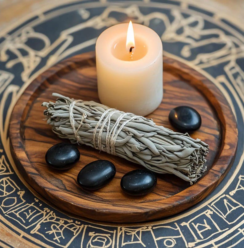 May include: A round wooden tray holds a lit white pillar candle, a bundle of dried sage tied with white string, and four smooth, polished black stones. The tray rests on a dark circular surface featuring intricate gold-colored line art.