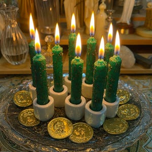 Puede incluir: Un conjunto de velas verdes encendidas, dispuestas en soportes de cer&aacute;mica blanca sobre un plato de cristal. Varias monedas de oro est&aacute;n dispersas alrededor de las velas, creando un ambiente m&iacute;stico.