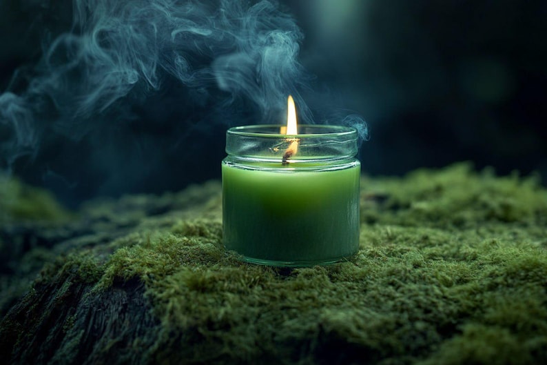 May include: A lit green candle in a clear glass jar, emitting a wisp of smoke. The candle sits on a bed of green moss, with a dark, blurred background. The flame is bright yellow.