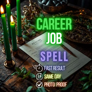 May include: A resume document on a wooden surface with four green candles in brass holders. Text reads: CAREER JOB SPELL, FAST RESULT, 24 HOURS SAME DAY, PHOTO PROOF. The document features sections for profile, work experience, and education.