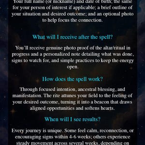 May include: A dark blue graphic with the title "Q&A" and text about spells. The text describes what is needed for a spell, what will be received, how the spell works, and when results may be seen. The text is in white.