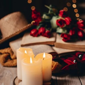 May include: Three lit ivory-colored pillar candles on a wooden slice, with a backdrop of open books, red tulips, and a straw hat. The scene evokes a cozy, warm ambiance, perfect for relaxation and reading.