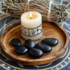 Puede incluir: Una vela encendida de color crema con un dise&ntilde;o negro se encuentra en una bandeja de madera con piedras negras. Un manojo de salvia seca est&aacute; detr&aacute;s de la vela. La vela tiene una llama y est&aacute; rodeada de piedras.