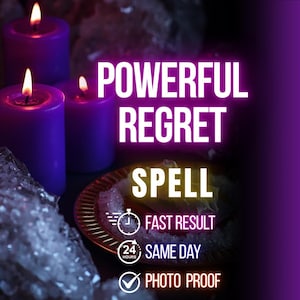 Może przedstawiać: Obraz z trzema zapalonymi fioletowymi świecami, małym talerzem z białymi kryształami i tekstem "POWERFUL REGRET SPELL". Dodatkowy tekst wskazuje "FAST RESULT", "SAME DAY" i "PHOTO PROOF".