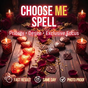 Op de afbeelding: Een verzameling hartvormige bedels en kaarsen op een donkerhouten ondergrond met verspreide rode rozenblaadjes. De tekst luidt CHOOSE ME SPELL, Priority • Desire • Exclusive Focus, FAST RESULT, 24 HOURS SAME DAY en PHOTO PROOF.