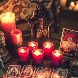May include: A bronze statue of a horned figure stands behind several lit red candles in glass holders. Tarot cards with illustrations are arranged in front of the candles. A large red candle and a smaller red candle are also lit.