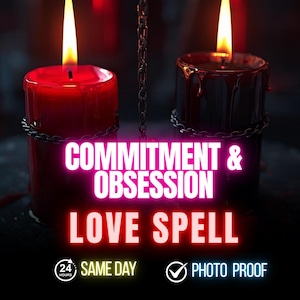 May include: Two lit candles, one red and one black, with a chain between them. The text "COMMITMENT & OBSESSION LOVE SPELL" is displayed in bright pink and red. The image has a dark, moody aesthetic.