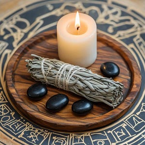Puede incluir: Una vela blanca encendida, un manojo de salvia y piedras negras dispuestas sobre una bandeja de madera. La bandeja se encuentra sobre una superficie estampada. La llama de la vela brilla sobre la madera y la vela c&aacute;lidas.