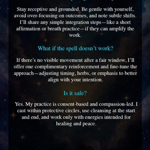 May include: Dark blue graphic with white text that reads "Q&A" at the top. Below, it answers questions about spells, including safety and what to do after a spell. The text "SPELLS BY ELENA ANCESTRAL HEART MAGIC" is at the bottom.