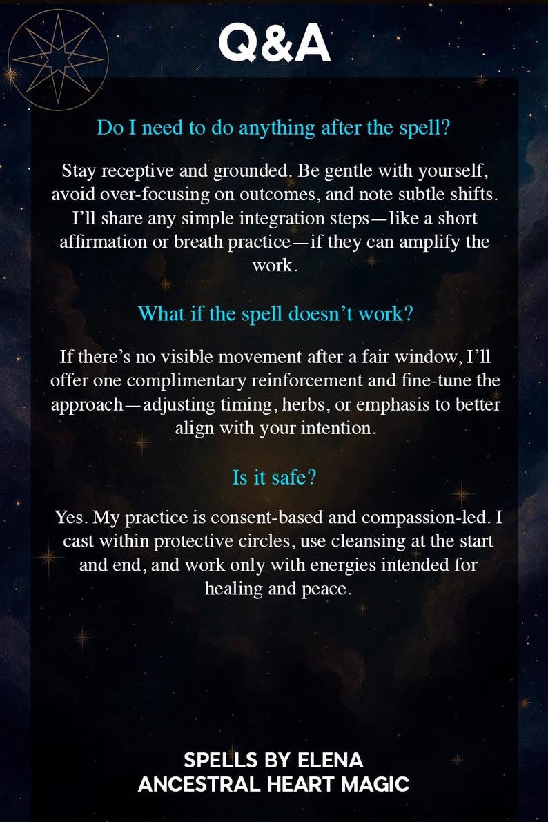 May include: Dark blue graphic with white text that reads "Q&A" at the top. Below, it answers questions about spells, including safety and what to do after a spell. The text "SPELLS BY ELENA ANCESTRAL HEART MAGIC" is at the bottom.