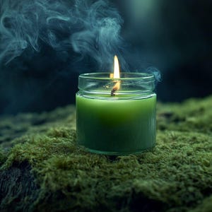Puede incluir: Una vela verde encendida en un tarro de cristal transparente, emitiendo humo. La vela est&aacute; sobre un lecho de musgo verde, con un fondo oscuro y borroso. La llama es amarilla.