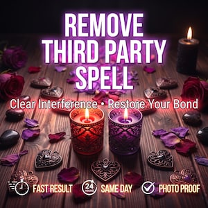Puede incluir: Dos portavelas de cristal con intrincados patrones recortados, uno rojo y otro morado, cada uno con una vela encendida. Pétalos de rosa y dijes de metal en forma de corazón los rodean. Texto: REMOVE THIRD PARTY SPELL, Clear Interference • Restore Your Bond, FAST RESULT, 24 HOURS SAME DAY, PHOTO PROOF.