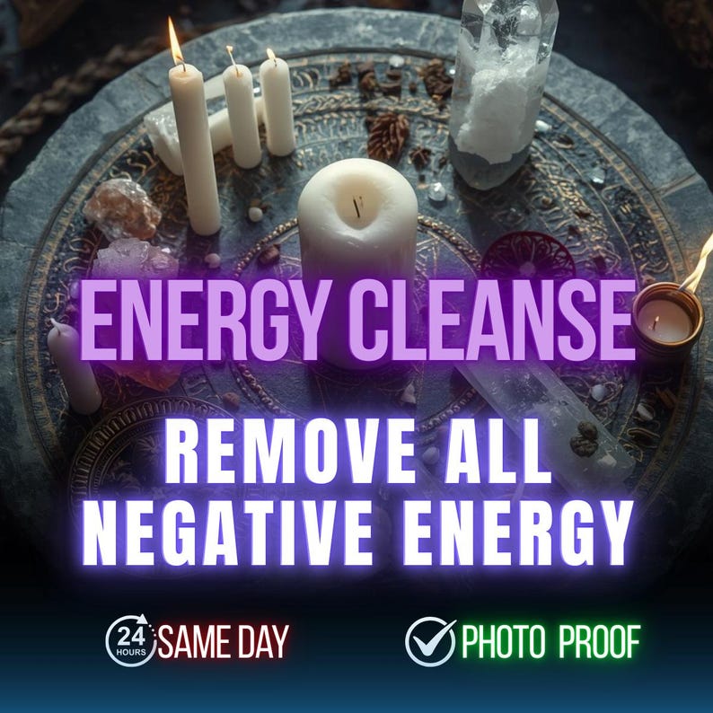 Puede incluir: Una disposici&oacute;n de velas blancas encendidas, cristales y peque&ntilde;as velas sobre una superficie circular decorativa. El texto "ENERGY CLEANSE - REMOVE ALL NEGATIVE ENERGY" se muestra en p&uacute;rpura. Incluye iconos de "24 HOURS SAME DAY" y "PHOTO PROOF".