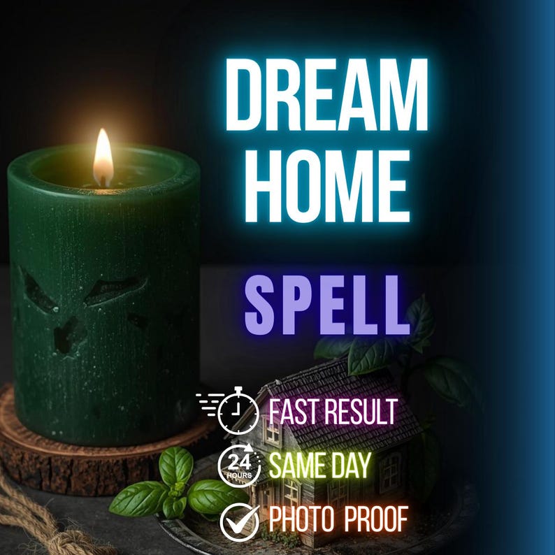 Puede incluir: Una vela de pilar verde encendida con detalles tallados descansa sobre un posavasos de madera. Las palabras "DREAM HOME SPELL" se muestran en texto de ne&oacute;n blanco y morado. El texto adicional incluye "FAST RESULT", "SAME DAY" y "PHOTO PROOF".
