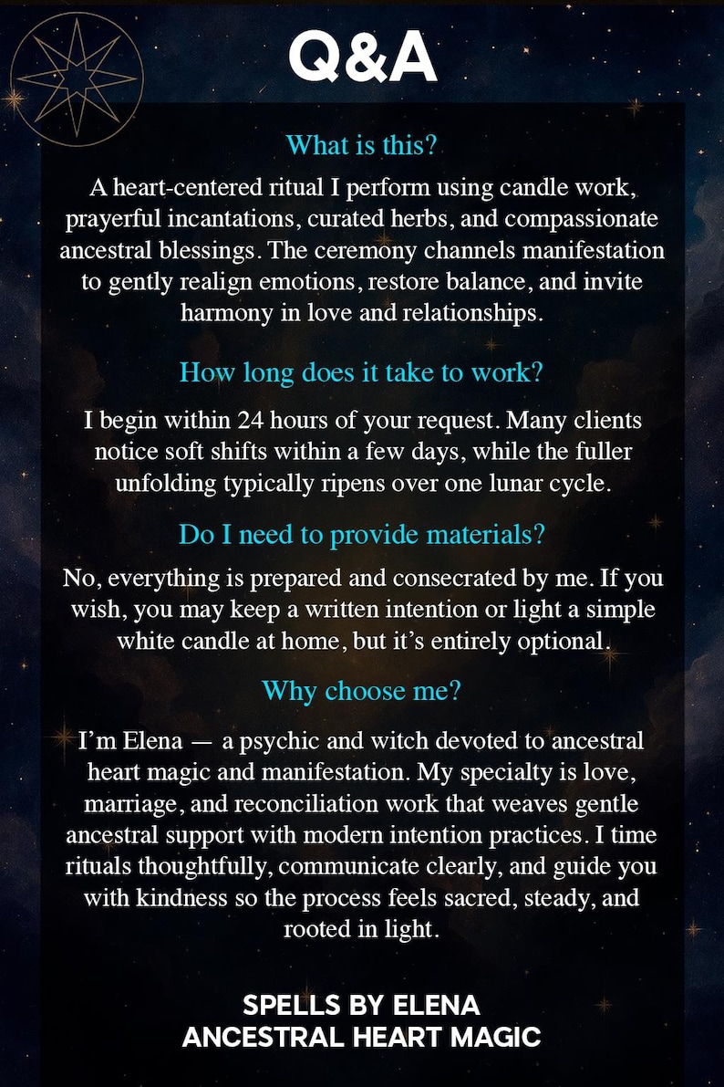 May include: A dark background with the text "Q&A" and information about ancestral heart magic rituals. The text includes details on the ritual's purpose, process, and the practitioner's specialty, with the words "Spells by Elena" at the bottom.