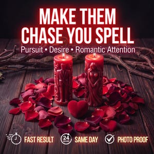Peut inclure: Deux bougies piliers rouges avec des figures en relief d'une personne en costume et d'une personne en robe, entourées de pétales de rose rouges et d'un petit objet en forme de cœur. Texte : MAKE THEM CHASE YOU SPELL, Pursuit, Desire, Romantic Attention.