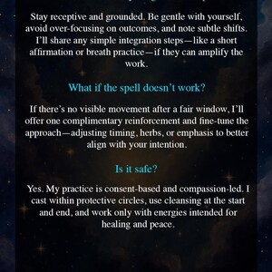 Pu&ograve; includere: Grafica blu scuro con testo bianco "Q&A". Risponde a domande sugli incantesimi, inclusa la sicurezza e l'assistenza post-incantesimo. Il testo "SPELLS BY ELENA ANCESTRAL HEART MAGIC" &egrave; in basso nell'immagine, in bianco.
