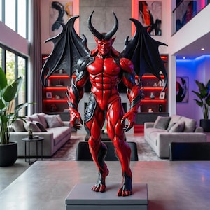 May include: A red devil statue with black wings, horns, and accents stands on a gray base. The muscular figure has a detailed physique and is posed in a standing position. The statue is in a modern living room setting.