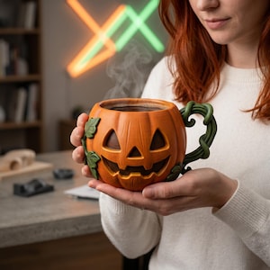 May include: An orange ceramic pumpkin-shaped mug with a carved jack-o'-lantern face. The mug has a green vine-like handle and is filled with a hot beverage, with steam rising from the top. A festive Halloween-themed item.