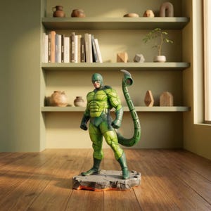 May include: A green and dark green Scorpion action figure with a long, segmented tail. The figure is standing on a gray and orange base. The figure is wearing a green mask and a green and dark green suit.