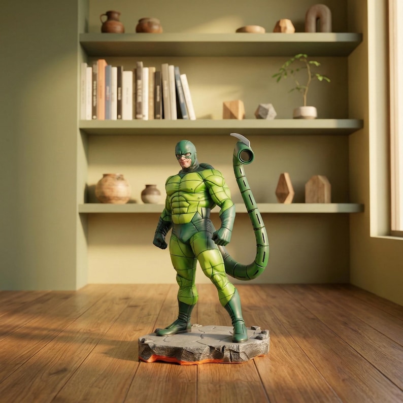 May include: A green and dark green Scorpion action figure with a long, segmented tail. The figure is standing on a gray and orange base. The figure is wearing a green mask and a green and dark green suit.