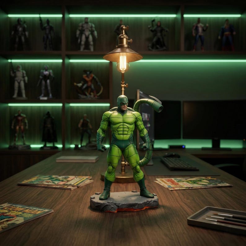 May include: A green and blue Scorpion action figure stands on a rocky base on a wooden desk. A vintage lamp with a warm light illuminates the figure. Comic books and other figurines are in the background.