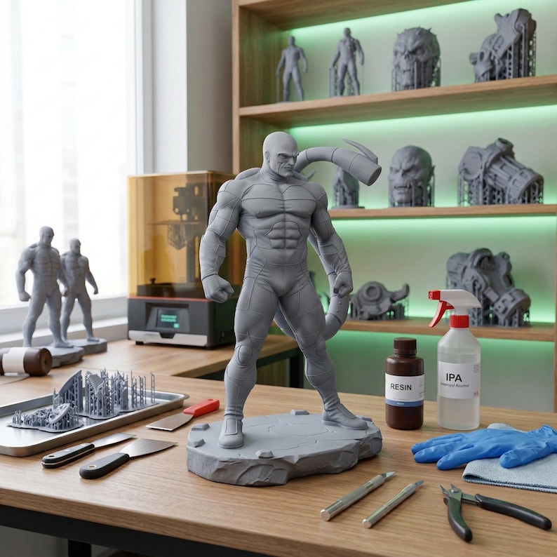 May include: A gray 3D-printed superhero figure stands on a stone-like base. The figure is muscular and detailed, with a long, segmented tail. Other 3D-printed models and tools are on a wooden table, with a 3D printer in the background.
