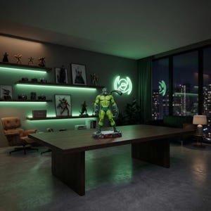 May include: A green and yellow action figure of a superhero stands on a wooden table. The figure is in a dynamic pose, with a long tail. The room has green neon lighting and a cityscape view.
