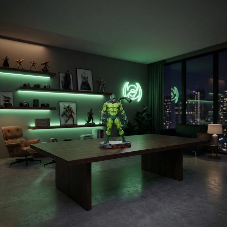 May include: A green and yellow action figure of a superhero stands on a wooden table. The figure is in a dynamic pose, with a long tail. The room has green neon lighting and a cityscape view.