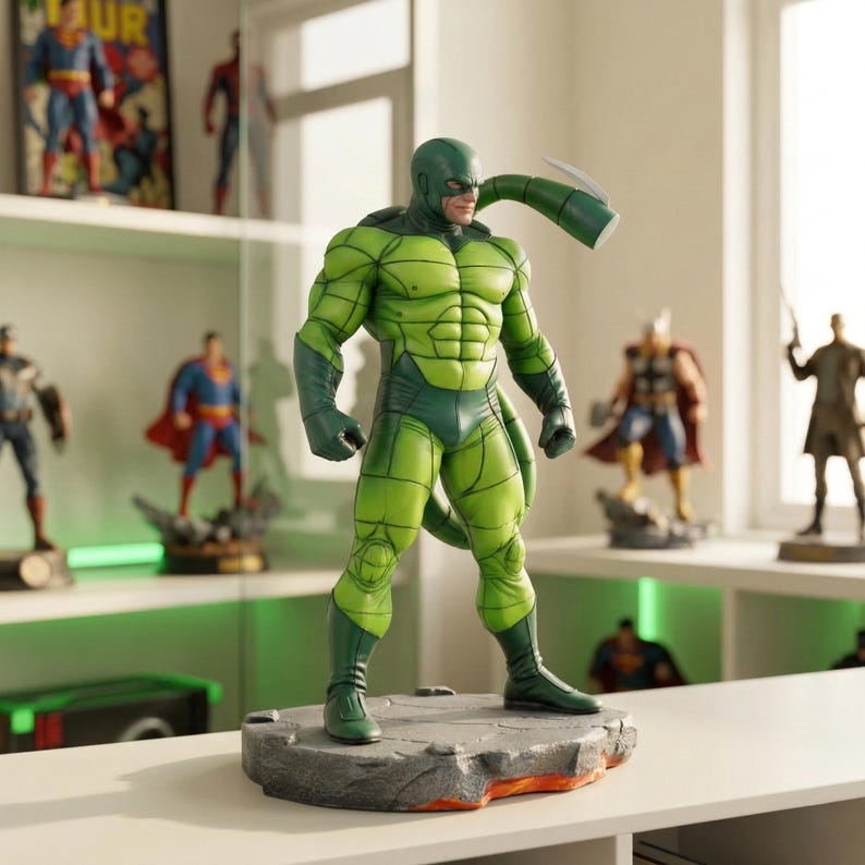 May include: A Scorpion action figure in a dynamic pose, featuring a green and dark green costume with a tail. The figure stands on a textured gray and orange base, with other superhero figures in the background.