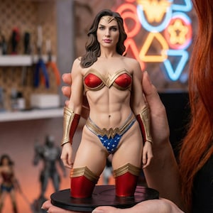 Op de afbeelding: Een Wonder Woman-beeld, met een gedetailleerde weergave van de superheldin in haar iconische kostuum. Het beeld toont een rood en goud lijfje, een blauw-witte slip met sterren en bijpassende arm- en beenbeschermers. De figuur wordt voor een vage achtergrond gehouden.