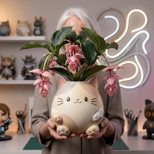 May include: A round, cream-colored cat-shaped planter with a calico pattern, holding a flowering plant with pink blossoms and green leaves. The planter has a smiling face and paw-shaped feet. Other figurines are visible on shelves in the background.