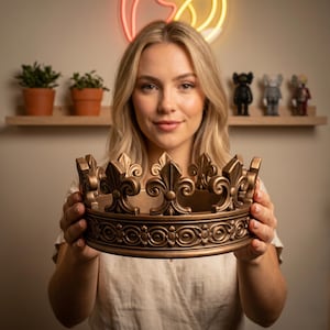 May include: A gold-colored crown with fleur-de-lis and ornate detailing. The crown is held up in front of a person. The crown is a decorative item, possibly for display or costume use.