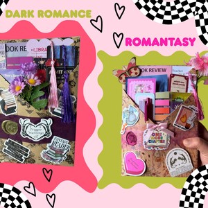 May include: Two decorative book-themed packages with the text "DARK ROMANCE" and "ROMANTASY". The packages are decorated with stickers, flowers, tassels, and bookmarks. The background is pink and green with black and white checkered patterns.