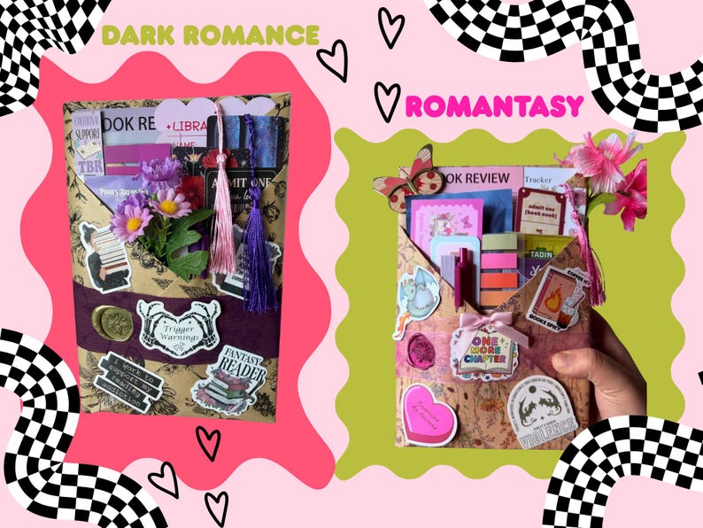 May include: Two decorative book-themed packages with the text "DARK ROMANCE" and "ROMANTASY". The packages are decorated with stickers, flowers, tassels, and bookmarks. The background is pink and green with black and white checkered patterns.