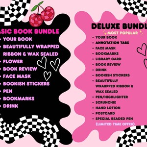 May include: A graphic featuring two book bundle options, Basic and Deluxe, with a pink and black color scheme. The Basic bundle includes a book, stickers, and more. The Deluxe bundle includes annotation tabs, a face mask, and other items.