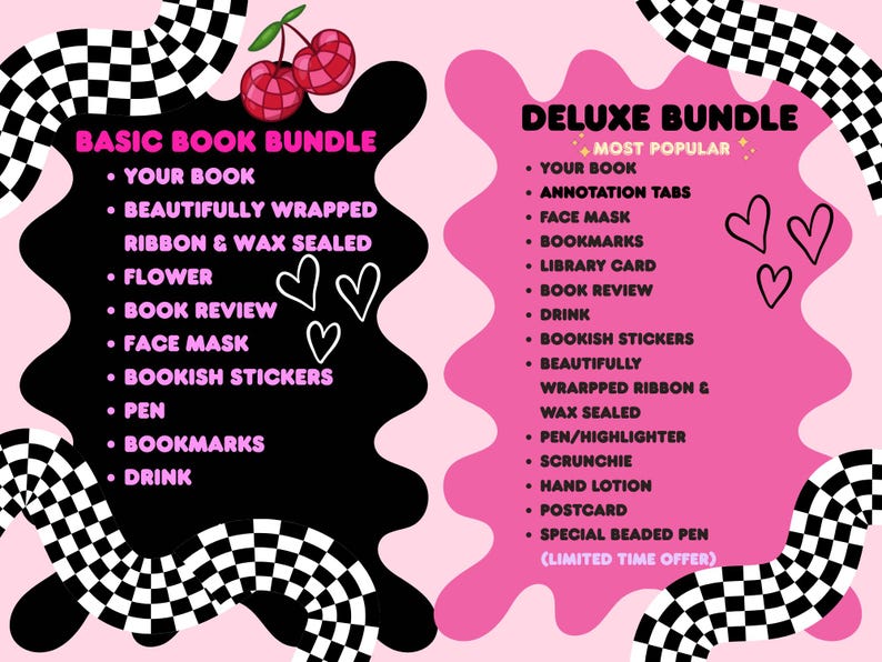 May include: A graphic featuring two book bundle options, Basic and Deluxe, with a pink and black color scheme. The Basic bundle includes a book, stickers, and more. The Deluxe bundle includes annotation tabs, a face mask, and other items.