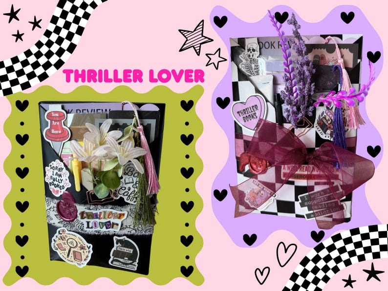 May include: Two gift boxes with a thriller theme. One box is black with stickers and white flowers. The other box is black and white checkered with a burgundy bow and purple flowers. The text "Thriller Lover" is visible.