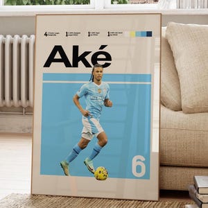 以下が含まれることがあります： 黒字で「Aké」と書かれた額入りのポスター。ポスターには、サッカーボールを持って走る水色のユニフォームを着たサッカー選手が描かれています。背景は、右下に数字の「6」が入った水色の長方形です。