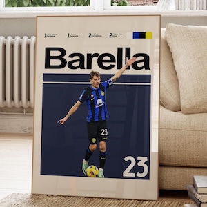 Pode incluir: Um cartaz retangular com um gráfico do jogador de futebol Nicolò Barella em uma camisa listrada azul e preta com o número 23. O texto Barella está impresso em letras pretas grandes acima do jogador, com o número 23 no canto inferior direito.